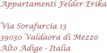 Appartamenti Felder Erika  Via Sorafurcia 13 39030 Valdaora di Mezzo Alto Adige - Italia